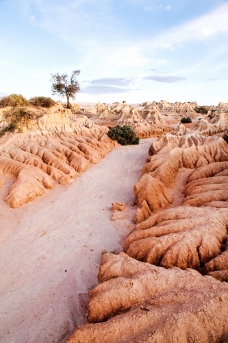 Vertical shot of land with wavy rock formation with a path in a outback area