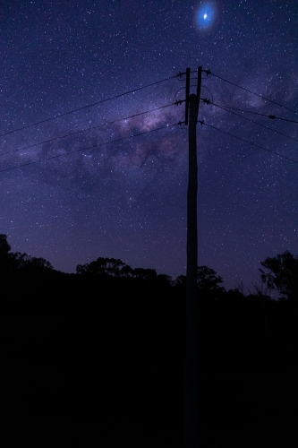 vertical shot of some silhouette of trees, bushes and electric post of wires at dawn with stars - Australian Stock Image