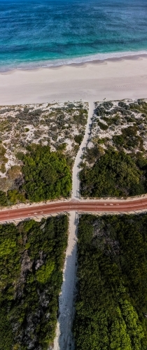 vertical shot of Summers in Perth with white sand, green trees. ocean water and a road