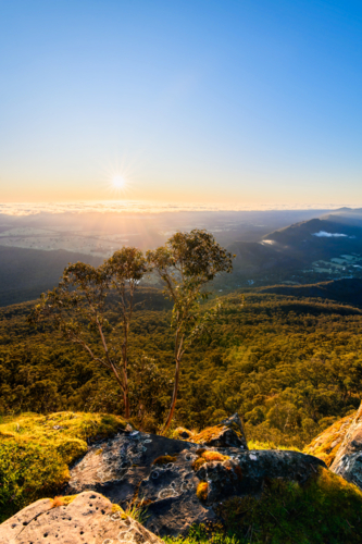 Vertical sunrise view from Boroka Lookout towards Halls Gap, Grampians, Victoria, Australia - Australian Stock Image