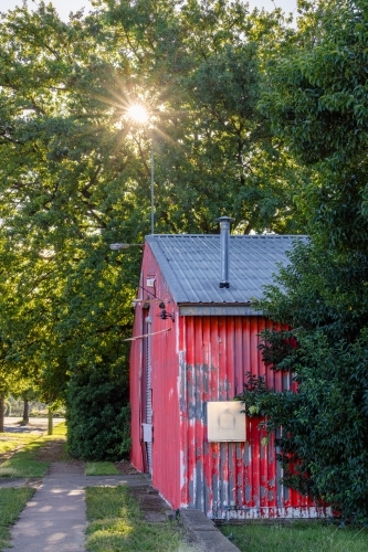 Vibrant red shed nestled among bush green trees - Australian Stock Image