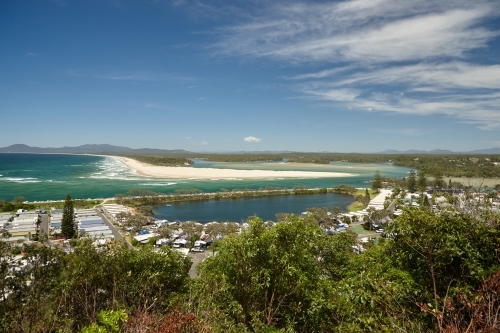 View above caravan park next to estuary - Australian Stock Image