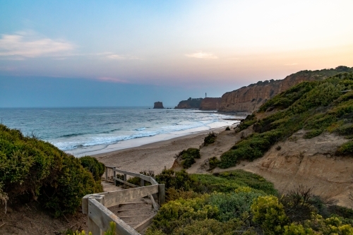 view down to beach from top of stepped path - Australian Stock Image