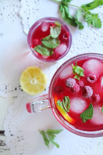 View from above of a refreshing, fruity summer drink with ice