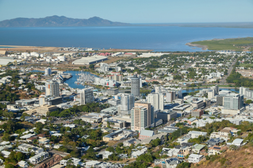 View from Castle Hill across landscape of Townsville city centre - Australian Stock Image