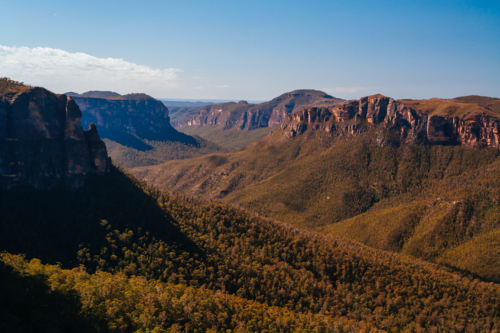 View from Govetts leap Lookout and walk in the Blue Mountains, New South Wales, Australia - Australian Stock Image