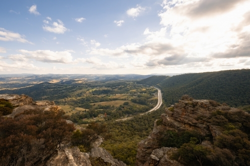 View from Hassans Walls lookout with view of Great Western Highway in the valley below - Australian Stock Image