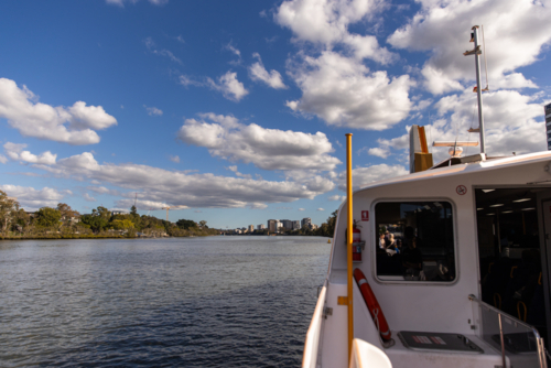 view from the back of a City Cat towards West End in Brisbane - Australian Stock Image