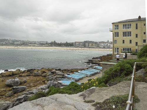 View of apartments and Bondi Beach on an overcast day - Australian Stock Image