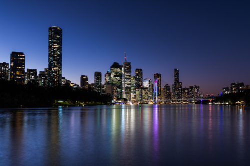 View of Brisbane CBD and Kangaroo Point Bridge lights  reflections  in the Brisbane river - Australian Stock Image