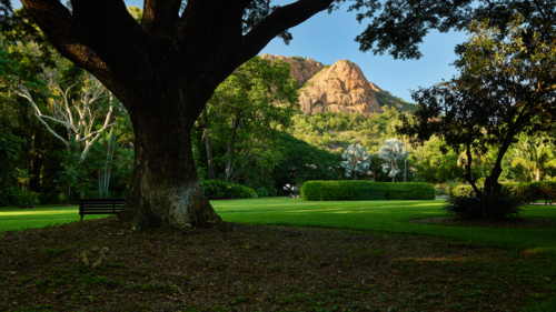 view of Castle Hill from Queen's Garden, Townsville - Australian Stock Image