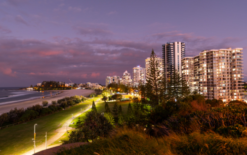 View of Coolangatta at sunset from Kirra Hill - Australian Stock Image