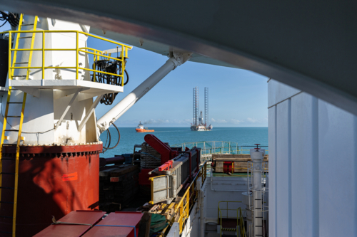 View of drilling rig transfer at sea - Australian Stock Image