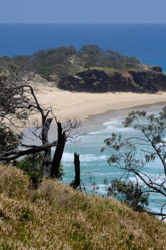 View of sand and sea from cliffs above Frenchmans Beach - Australian Stock Image