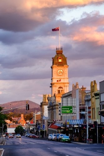 View of Sturt Street, Ballarat with Ballarat Town Hall clock tower - Australian Stock Image