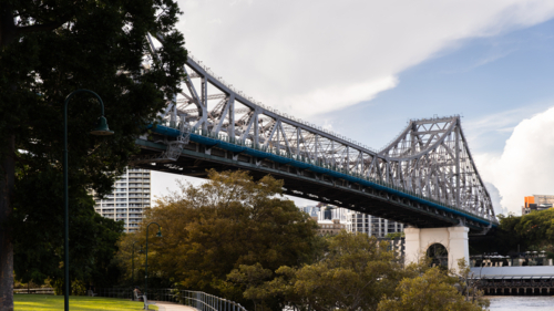 view of the Story Bridge from the south side of the Brisbane River - Australian Stock Image