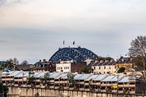View of the top of Sydney Harbour Bridge from Barangaroo - Australian Stock Image