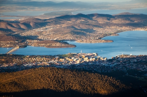View over Hobart late in the day over Hobart city and harbour. - Australian Stock Image