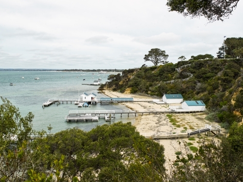 View over jettys and boat sheds - Australian Stock Image