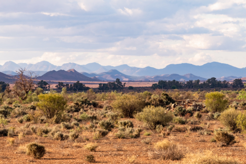 View towards mountain ranges in Flinders Ranges, South Australia - Australian Stock Image