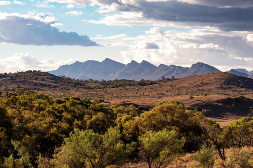View towards mountain ranges in Flinders Ranges, South Australia - Australian Stock Image