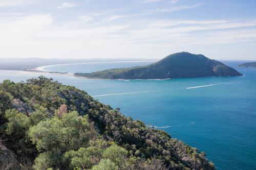 Views over islands and beaches around Port Stephens on the NSW Mid North Coast - Australian Stock Image