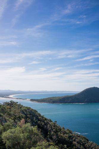 Views over islands and beaches around Port Stephens on the NSW Mid North Coast - Australian Stock Image