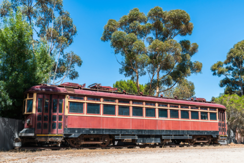 Vintage red rattler tram on display in Tailem Bend, South Australia - Australian Stock Image