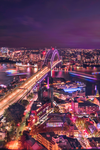 Vivid night scene over harbour bridge - Australian Stock Image