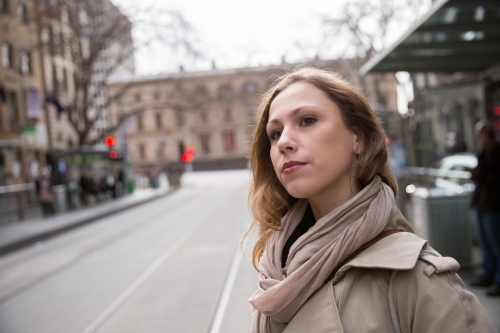 Waiting for the Tram in Melbourne City - Australian Stock Image