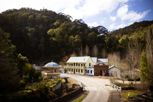 Iconic Walhalla Band Rotunda on a winters afternoon in Walhalla - Australian Stock Image