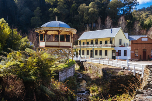 Iconic Walhalla Band Rotunda on a winters afternoon in Walhalla - Australian Stock Image
