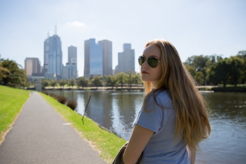 Walking by the River to Melbourne City - Australian Stock Image