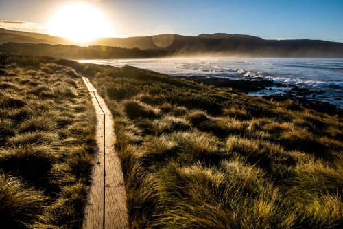 walking path beside the beach at sunrise - Australian Stock Image