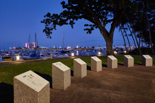 War memorial  with marina behind at night - Australian Stock Image