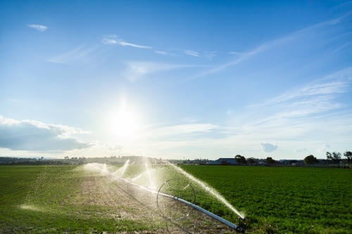Water spray from farm irrigation system at sunset - Australian Stock Image