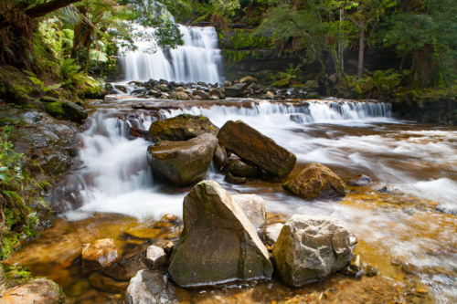 Waterfall in Liffey Falls State Reserve on a cold winter's morning in Tasmania, Australia - Australian Stock Image