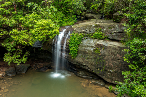 Waterfall over large rock in rainforest taken from above - Australian Stock Image