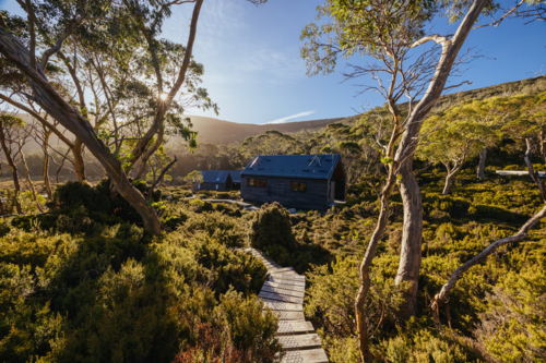 Waterfall Valley Hut on the Overland Track near Barn Bluff - Australian Stock Image