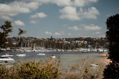Waterfront properties, with yachts and boats around Clontarf Beach as seen from Spit to Manly Walk - Australian Stock Image