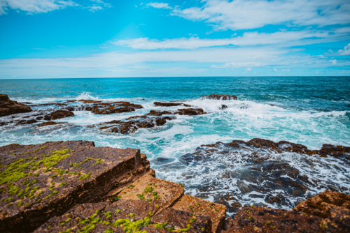 waves crashing over rugged coastal rocks and moss - Australian Stock Image