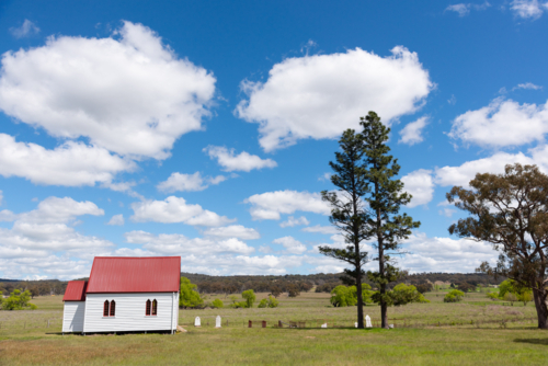 Wellingrove Presbyterian church and cemetery after restoration in Wellingrove, near Glen Innes, NSW - Australian Stock Image