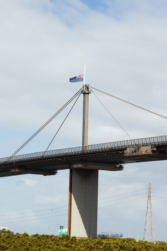 Westgate Bridge in Melbourne Australia with flag at half mast due to the death of Prince Philip - Australian Stock Image