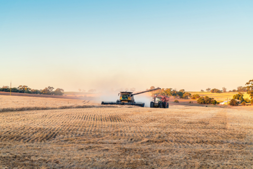 Wheat harvesting combine at work in the field offloading grain into following trailer - Australian Stock Image