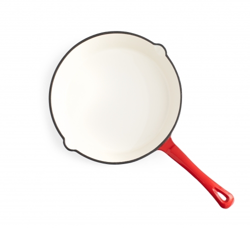 white and red frying pan on white background