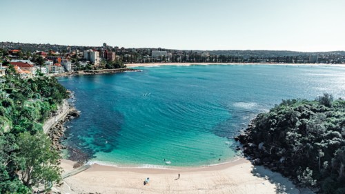 Wide Aerial View of Coastal Bay with Blue-Green Water - Australian Stock Image