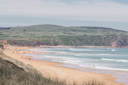 Wide shot of Cape Woolamai surf beach with cliffs in distance - Australian Stock Image