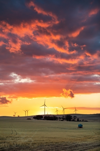 wind turbines silhouetted against sunset, vertical - Australian Stock Image