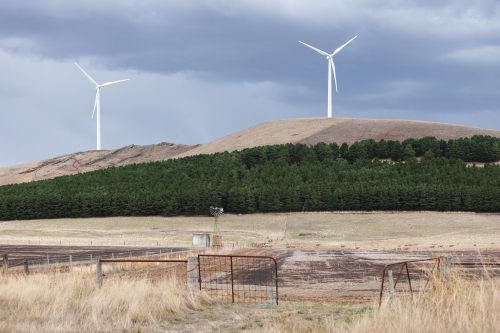 Wind turbines with paddock in foreground