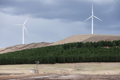 Wind turbines with windmill in foreground - Australian Stock Image